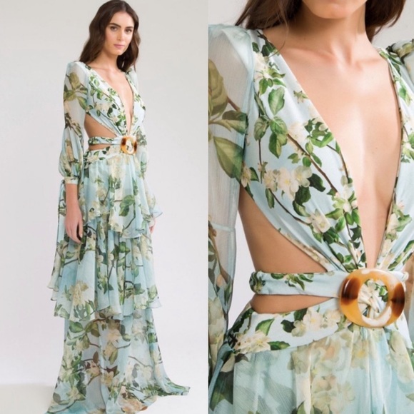 PatBo blue floral long sleeve beach maxi dress gown in sky - Picture 2 of 12